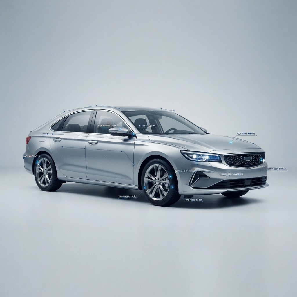 Silver sedan with a digital diagnostic scan overlay