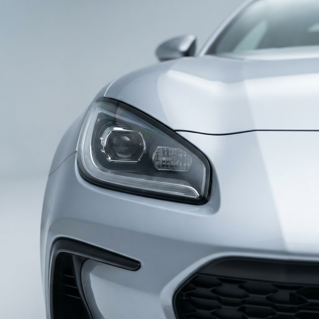 Close-up detail of a silver vehicle's headlight and hood